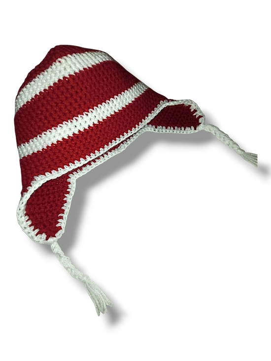 Hand Crafted Accessories - Hand Crafted Fire Truck Red and White Striped Crochet Earflap Hat NWOT
